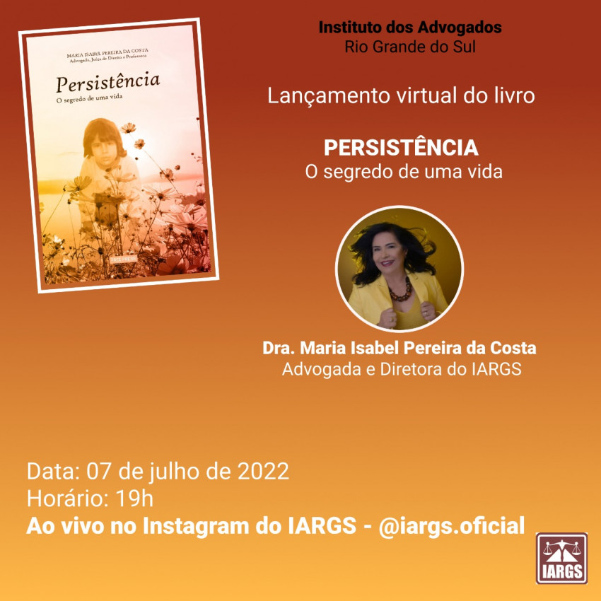 Live com a Drª Maria Isabel Pereira da Costa- Lançamento virtual do livro “Persistência: o Segredo de uma Vida” Imagem destaque