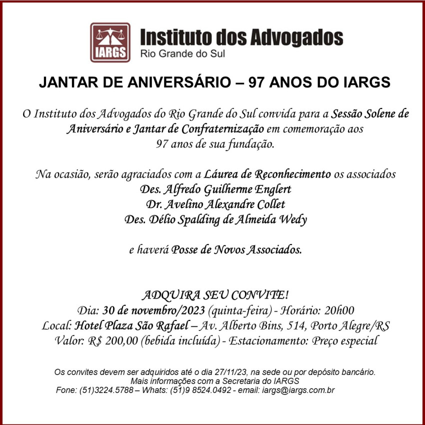 Jantar comemorativo aos 97 anos do IARGS Imagem destaque