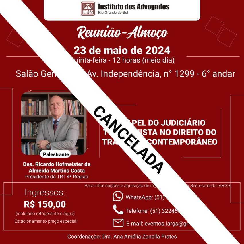 CANCELADA-Reunião-Almoço com o presidente do TRT-4: Dr. Ricardo Hofmeister de Almeida Martins Costa Imagem destaque